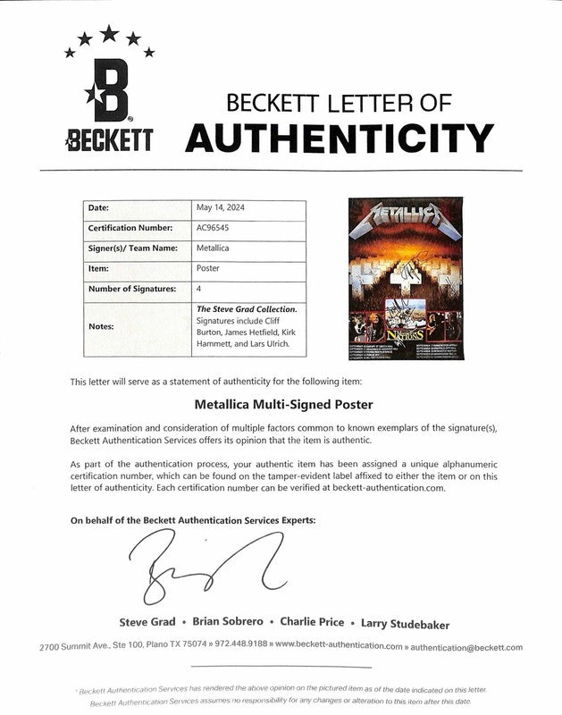 Metallica Signed Master of Puppets Poster Burton Hetfield Ulrich Hammett BECKETT1