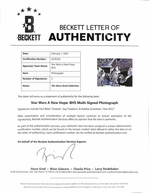 Star Wars ANH 8x10 BHS Signed Paul Blake Kay Freeborn Robbie Grantham BAS1