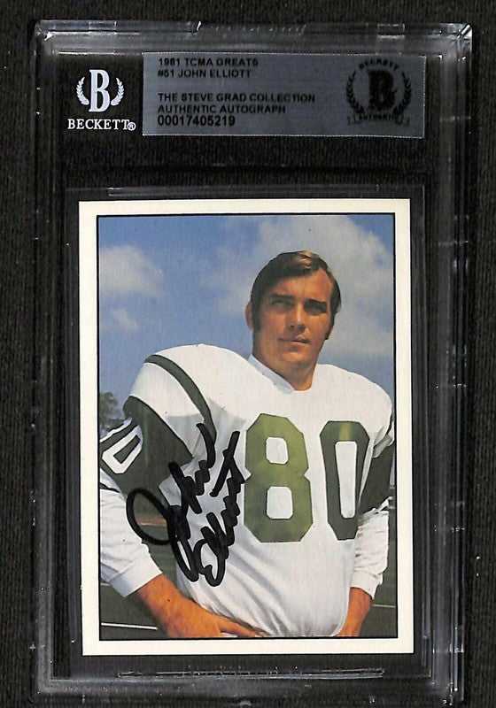 John Elliott New York Jets 1981 TCMA Greats #51 Signed Card BECKETT Encapsulated0