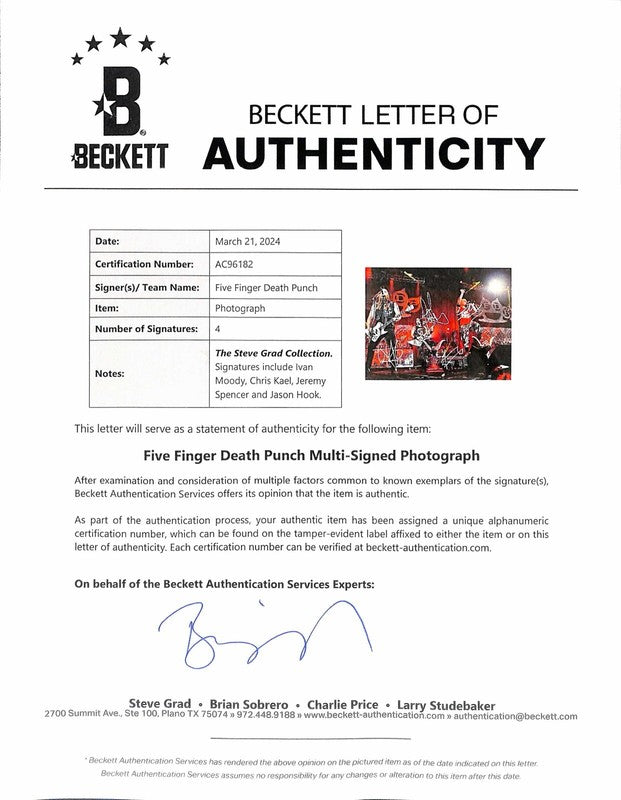 Five Finger Death Punch Band x4 Signed 11x14 Photo BECKETT (Grad Collection)  1