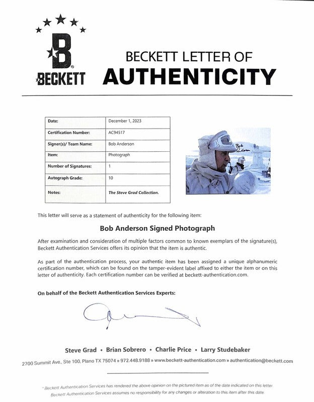 Bob Anderson Star Wars ESB Hoth Rebel Soldier Signed 11x14 Photo BECKETT1
