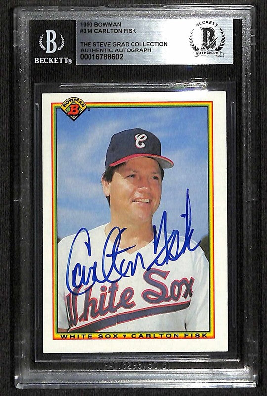 Carlton Fisk 1990 Bowman #314 Signed Card BECKETT Encapsulated0
