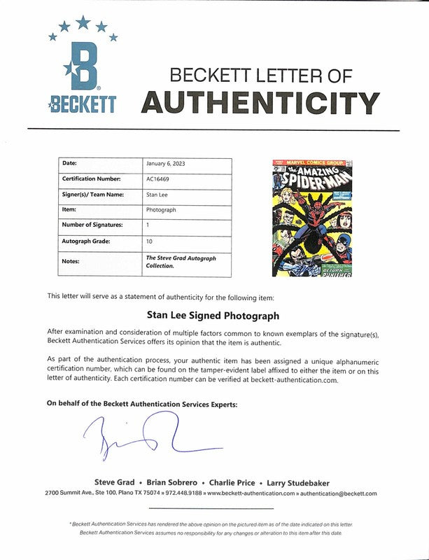 Stan Lee Marvel Spider Man Signed 11x14 Photo Auto Grade10 BAS (Grad Collection)1