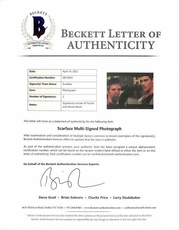 Al Pacino &  Steven Bauer "Scarface “ Signed 11x14 Photo Auto Grade 10 BAS1