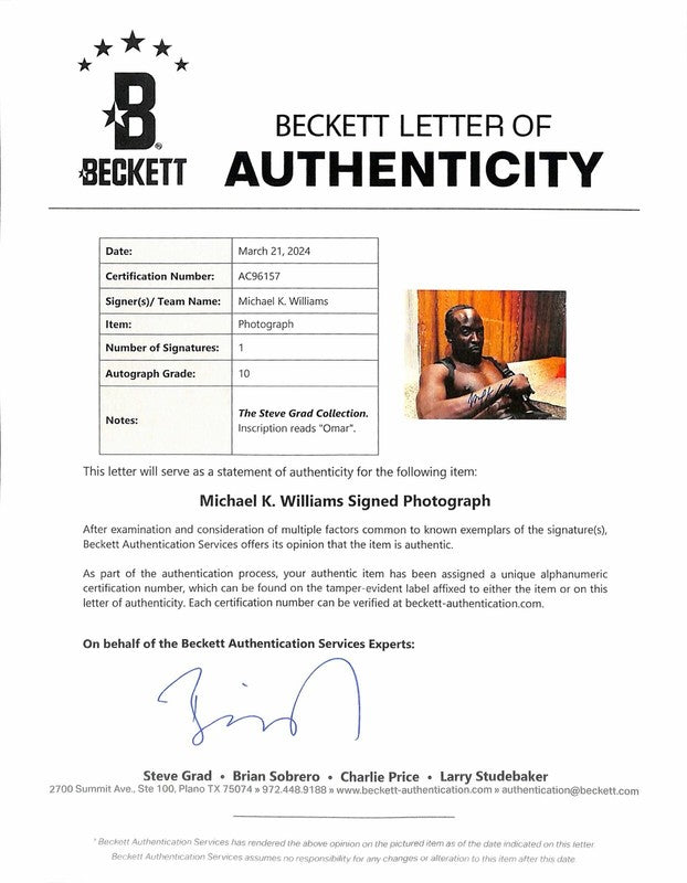 Michael K. Williams “Omar” The Wire Signed 11x14 Photo BECKETT Grad Collection  1