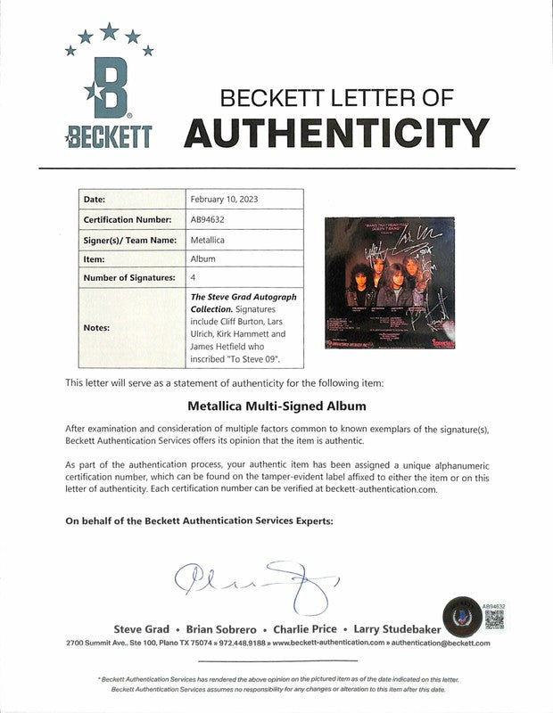 Metallica "Kill Em All" Signed Album by Burton Hetfield Ulrich Hammett BECKETT1