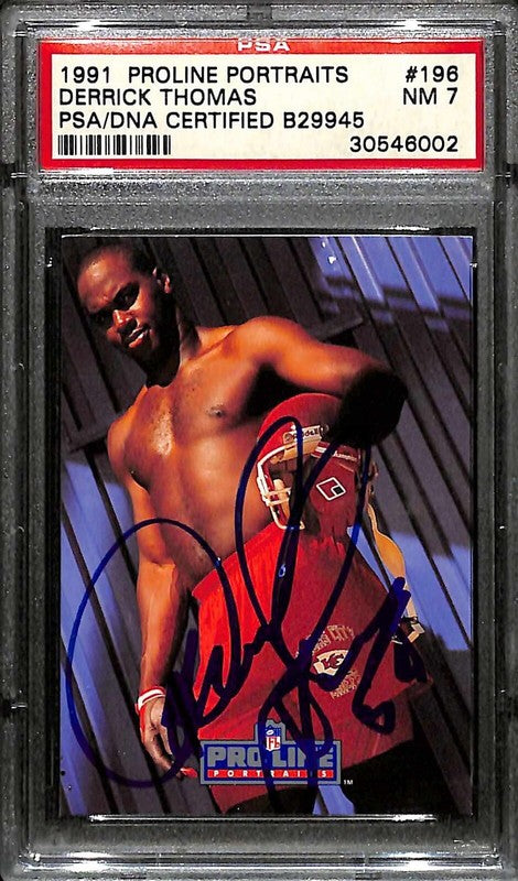 Derrick Thomas Signed KC Chiefs 1991 Proline Portraits #196 NM 7 PSA/DNA0
