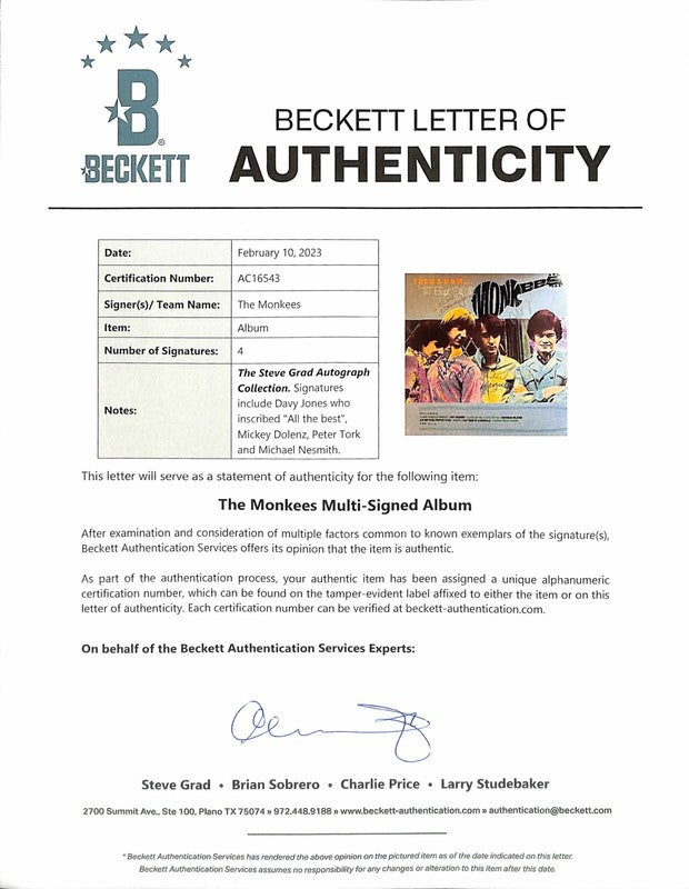 Autographed The Monkees All 4 Original Members Album BAS (Grad Collection)1