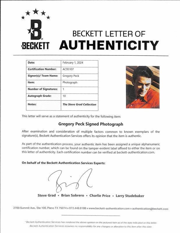 Gregory Peck RARE Signed 16x20 Photo AUTO 10 BECKETT (Grad Collection)1