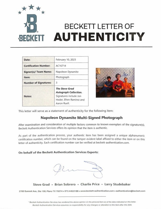 Napolean Dynamite Cast x3 Heder, Ramirez, Ruell Signed 11x14 Photo BECKETT BAS 1