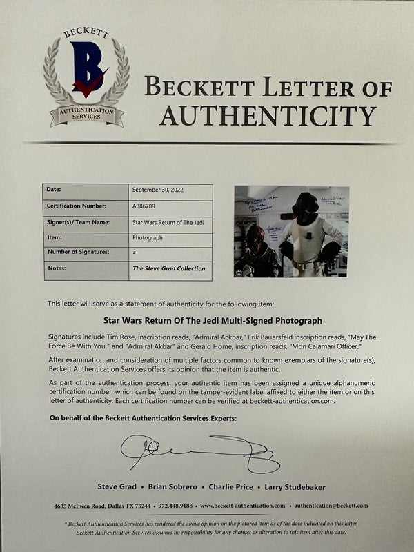  Star Wars ROTJ Mon Calamari Signed by x3 Bauersfled, Rose & Home 16x20 BAS1