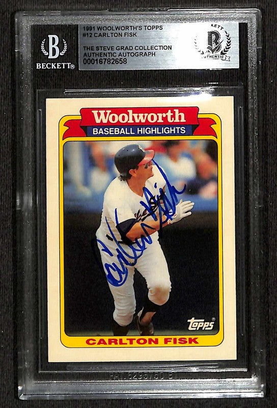 Carlton Fisk 1991 Woolworth's Topps #12 Signed Card BECKETT Encapsulated0