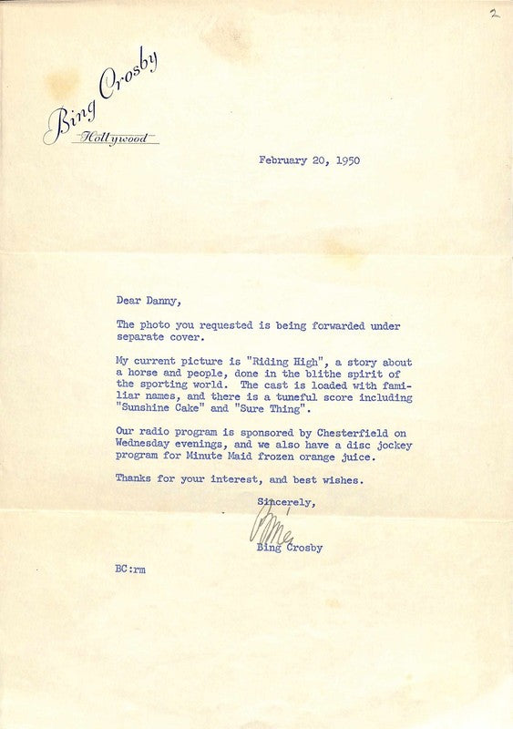 Bing Crosby 1950 Signed Typed Letter w/ Envelope BECKETT (Grad Collection)0