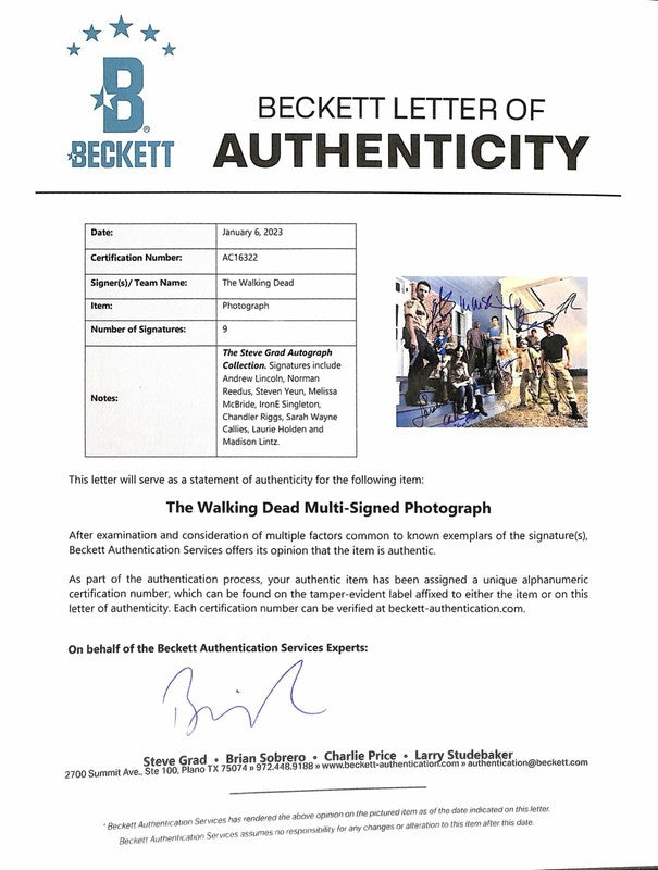 Walking Dead Season 2 Cast X9 Signed 11x14 Color Photo BAS (Grad Collection)1