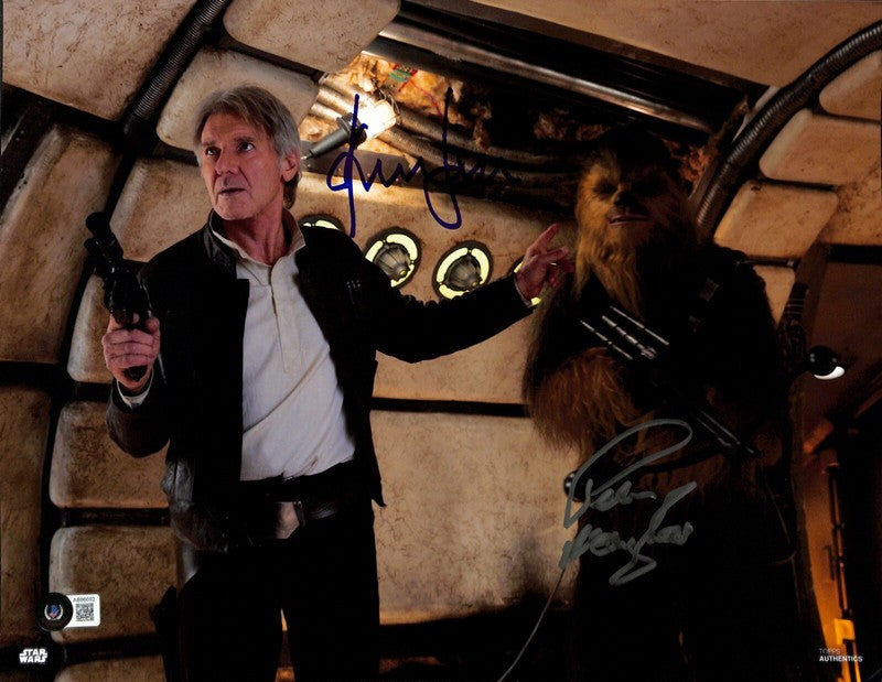 Harrison Ford & Peter Mayhew Star Wars The Force Awakens Signed 11x14 Photo BAS0