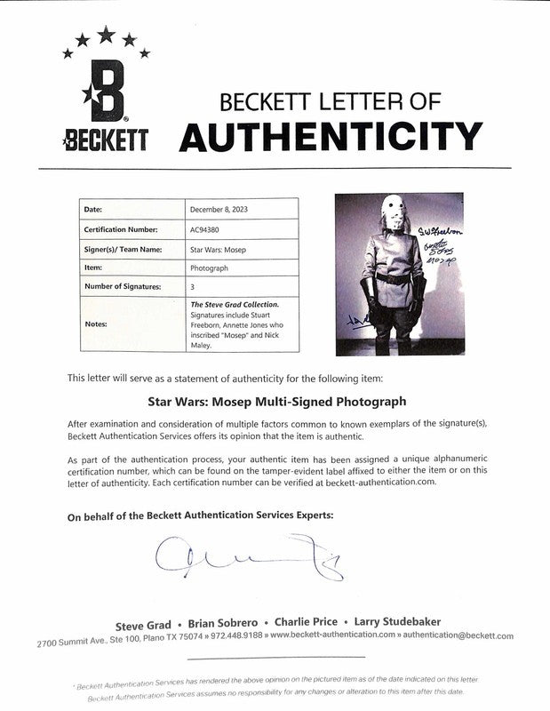 Star Wars ANH Mosep 8x10 Multi-Signed Stuart Freeborn Maley & Jones BECKETT1