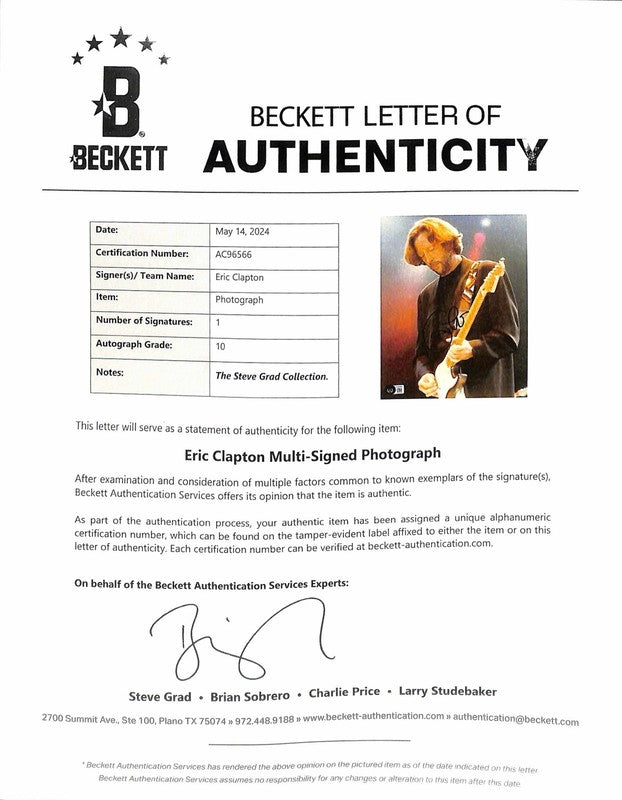 Eric Clapton Signed 8x10 Photograph Beckett  Auto Grade 10 (Grad Collection)1
