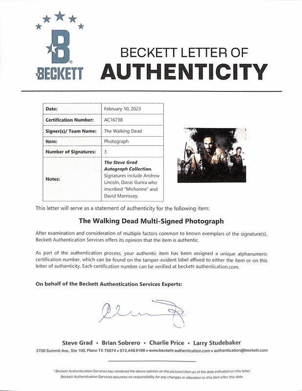Walking Dead Lincoln Morrissey Gurira Signed 11x14 Photograph BECKETT1