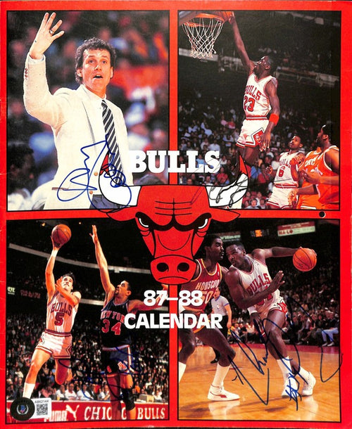 1987/88 Chicago Bulls Calendar Cover Signed by 4 Including Michael Jordan BAS0