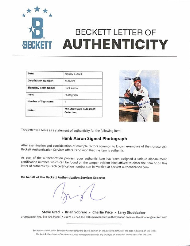 Hank Aaron Braves Signed 11x14 Photo Beckett (Grad Collection)1