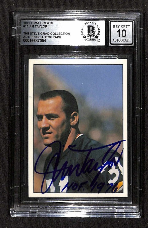 1981 TCMA Football Greats #13 Jim Taylor Packers Signed Card BECKETT Auto 100