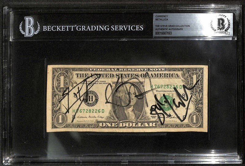 METALLICA Signed $1 Bill James Hetfield Lars Ulrich Kirk Hammett 1989 BECKETT0
