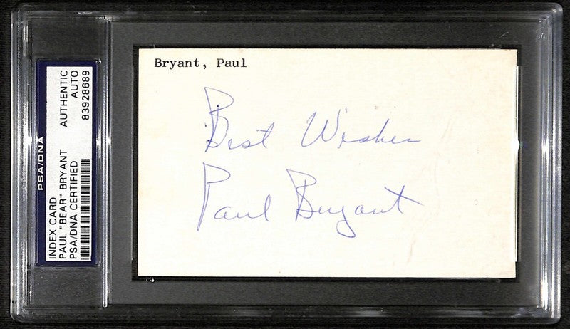 Paul "Bear" Bryant CFHOF Alabama HC Vintage Signed Index Card PSA/DNA0