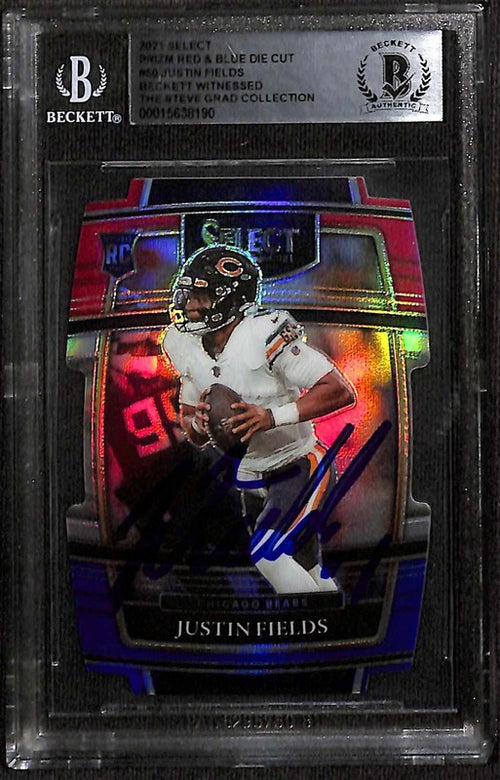2021 Panini Select Signed #50 Justin Fields RC Red/Blue Die-Cut Prizm BECKETT0