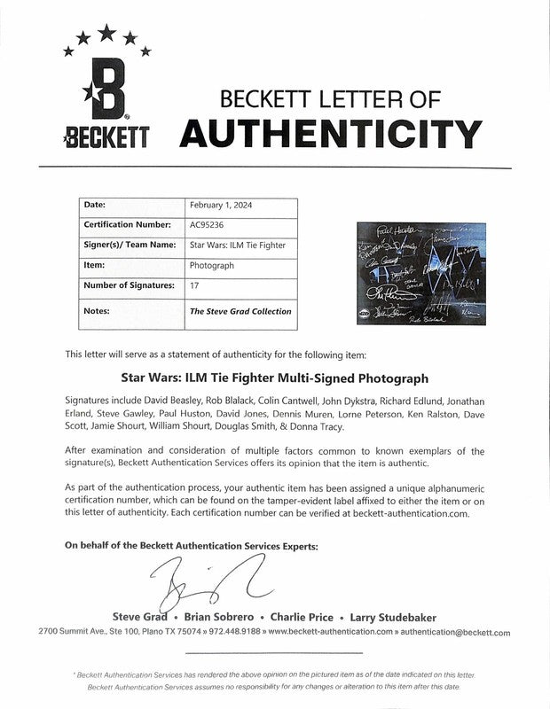 STAR WARS ILM TIE Fighter 17x SIGNED 8x10 Photo BECKETT ANH 1