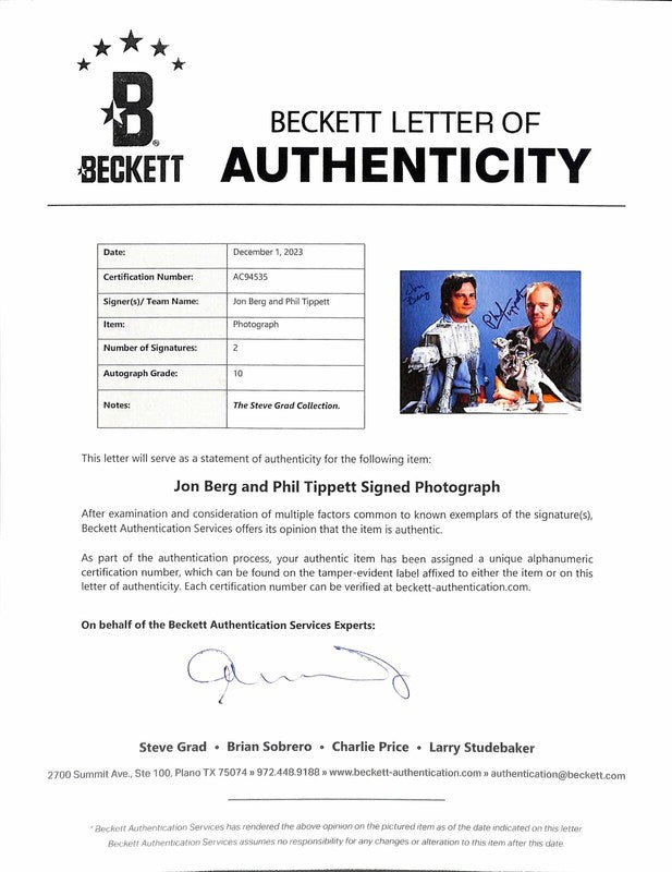 Phil Tippett & Jon Berg ILM Stop Motion Signed 11x14 Photo Auto 10 BECKETT1