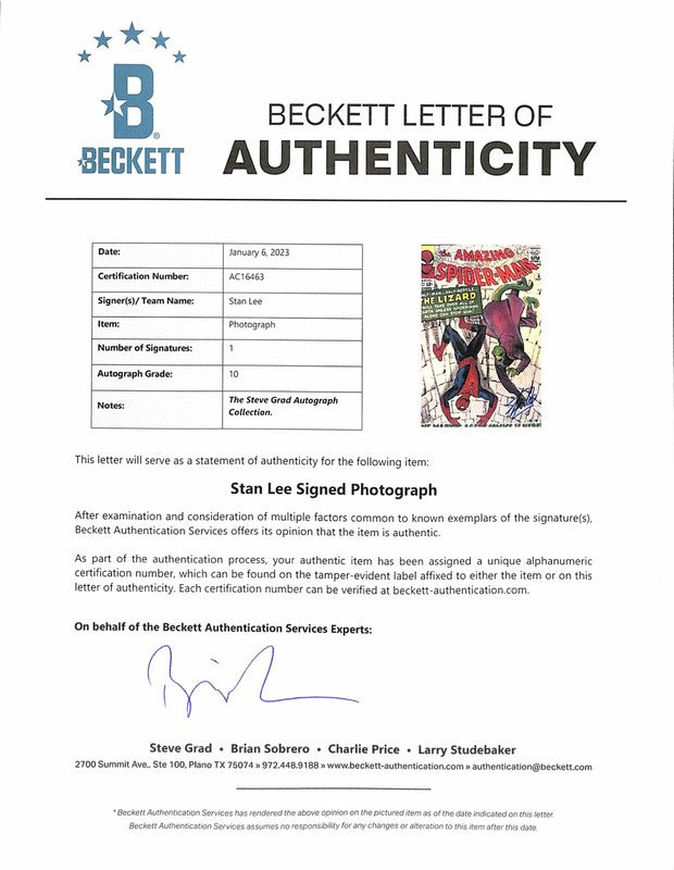 Stan Lee Spider Man Signed 11x14 Photo Auto Grade 10 BAS(Grad Collection)2