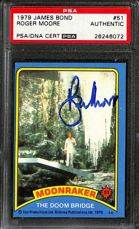 Roger Moore Signed 1979 Topps James Bond Moonraker #51 The Doom Bridge PSA/DNA0