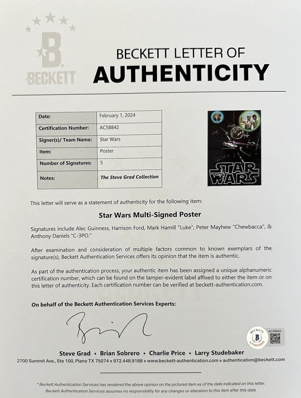 Vintage Autographed Star Wars Poster Signed by 5x Inc Guinness Ford Hamill BAS4
