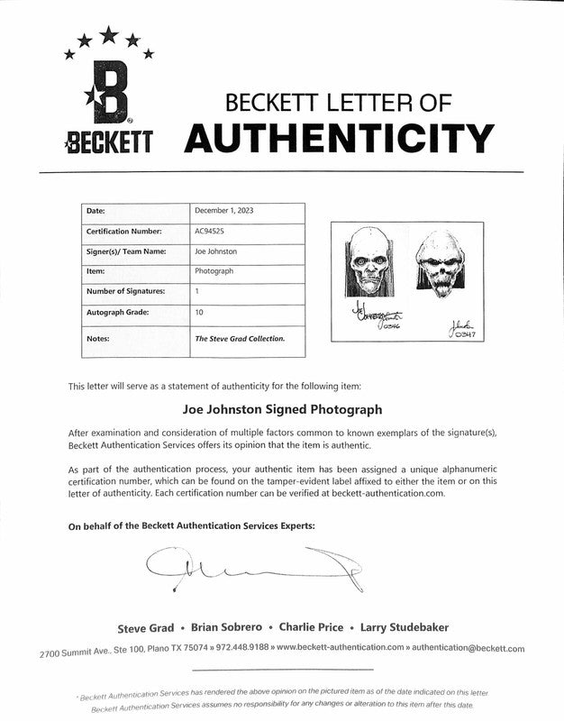 Joe Johnston Emperor Concept Art Signed 11x14 Photo Auto 10 BECKETT1