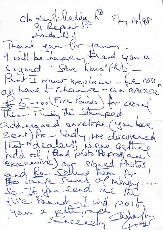 Shelagh Fraser Star Wars Handwritten Letter BECKETT Aunt Beru Signed RARE0