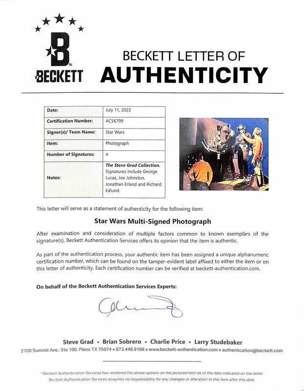 Star Wars BHS Signed George Lucas & ILM 4 Auto’s Signed 8x10 Photograph BECKETT 1