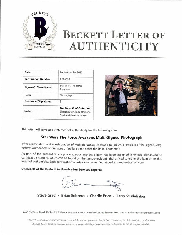 Harrison Ford & Peter Mayhew Star Wars The Force Awakens Signed 11x14 Photo BAS1