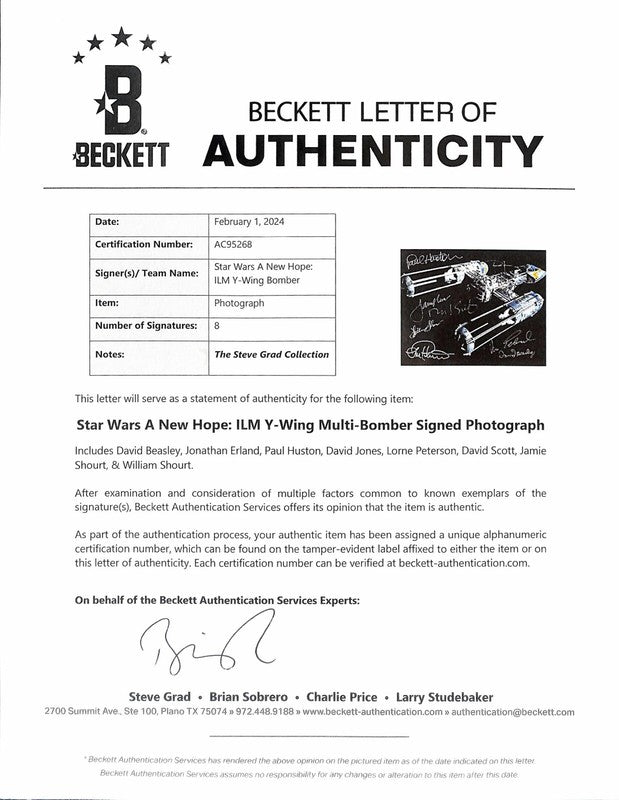Star Wars ANH ILM Y-Wing Builders Signed by 8x! Autographed 8x10 BECKETT1