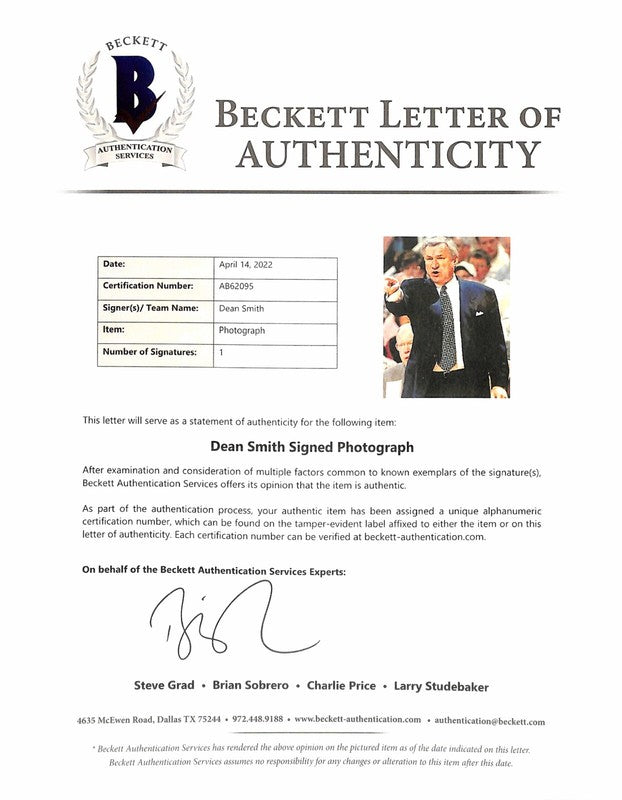 Dean Smith North Carolina Coach Legend Signed 11x14 Photograph BECKETT BAS 1