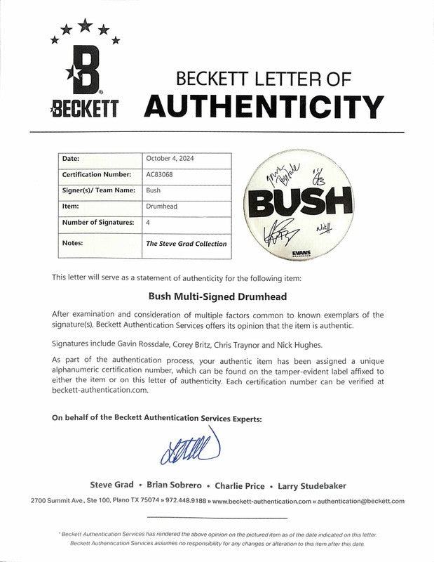 Gavin Rossdale Bush Current Band Signed 12" Drumhead BECKETT1