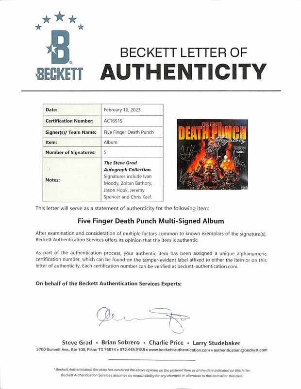 Five Finger Death Punch Signed Vinyl LP Purgatory Entire Band X5 BECKETT1