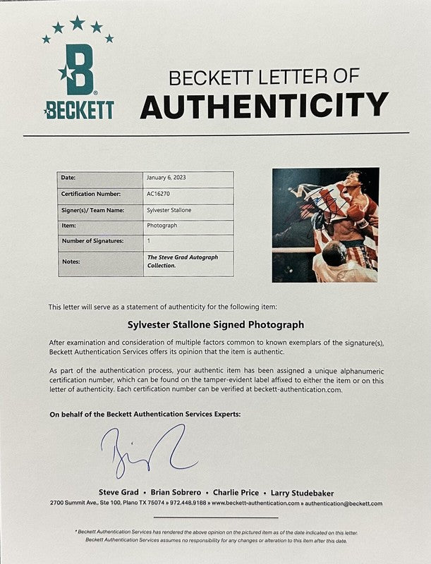Sylvester Stallone Rocky Signed 16x20 Photograph BECKETT (Grad Collection)2