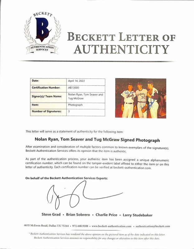 Nolan Ryan Tom Seaver Tug McGraw Signed 8x10 Photo BAS (Grad Collection)  1