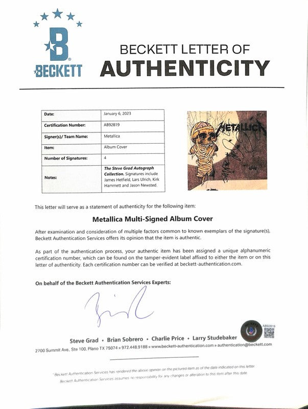 Metallica "One" Signed LP by 4x Hetfield Ulrich Hammett Newsted BECKETT1
