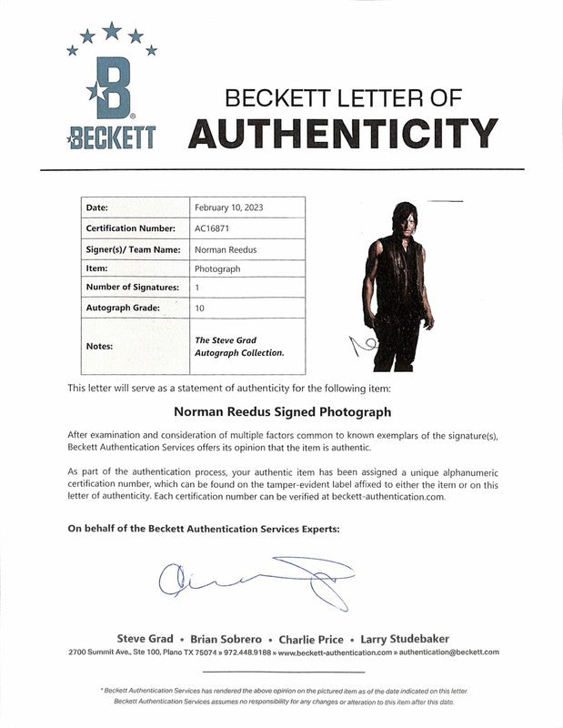 Norman Reedus Daryl Dixon TWD Signed 11x14 Photo Auto 10 BAS (Grad Collection)1