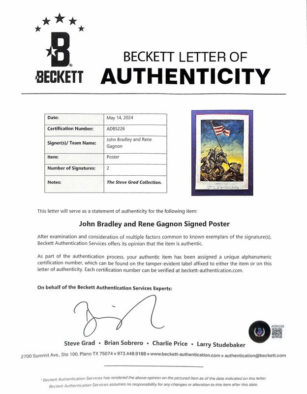 Rene Gagnon & John Bradley Signed WWII Flag Raising Mount Surabachi WWII BECKETT2