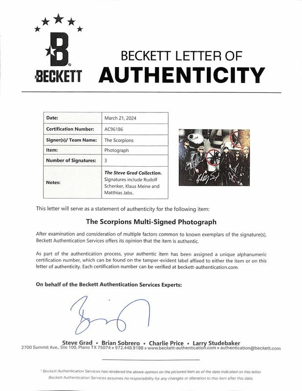 Scorpions Band x3  Signed 11x14 Photograph Beckett (Grad Collection)1