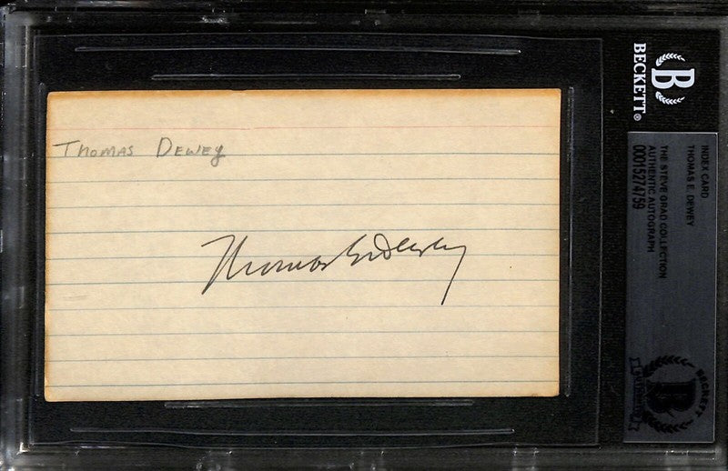 Thomas E. Dewey Governor of New York Signed 3x5 Index Card BECKETT Encapsulated0