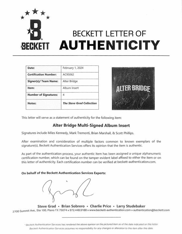 Alter Bridge Pawns & Kings Signed Vinyl Album Art Insert by 4x BECKETT1