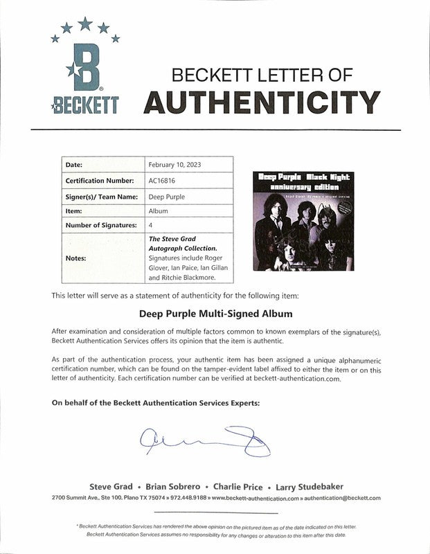 Deep Purple Signed Album LP Black Night Anniversary Edition by 4x BECKETT LOA1